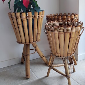 French Bamboo Plant Holder, Rustic Pedestal Farmhouse Planter