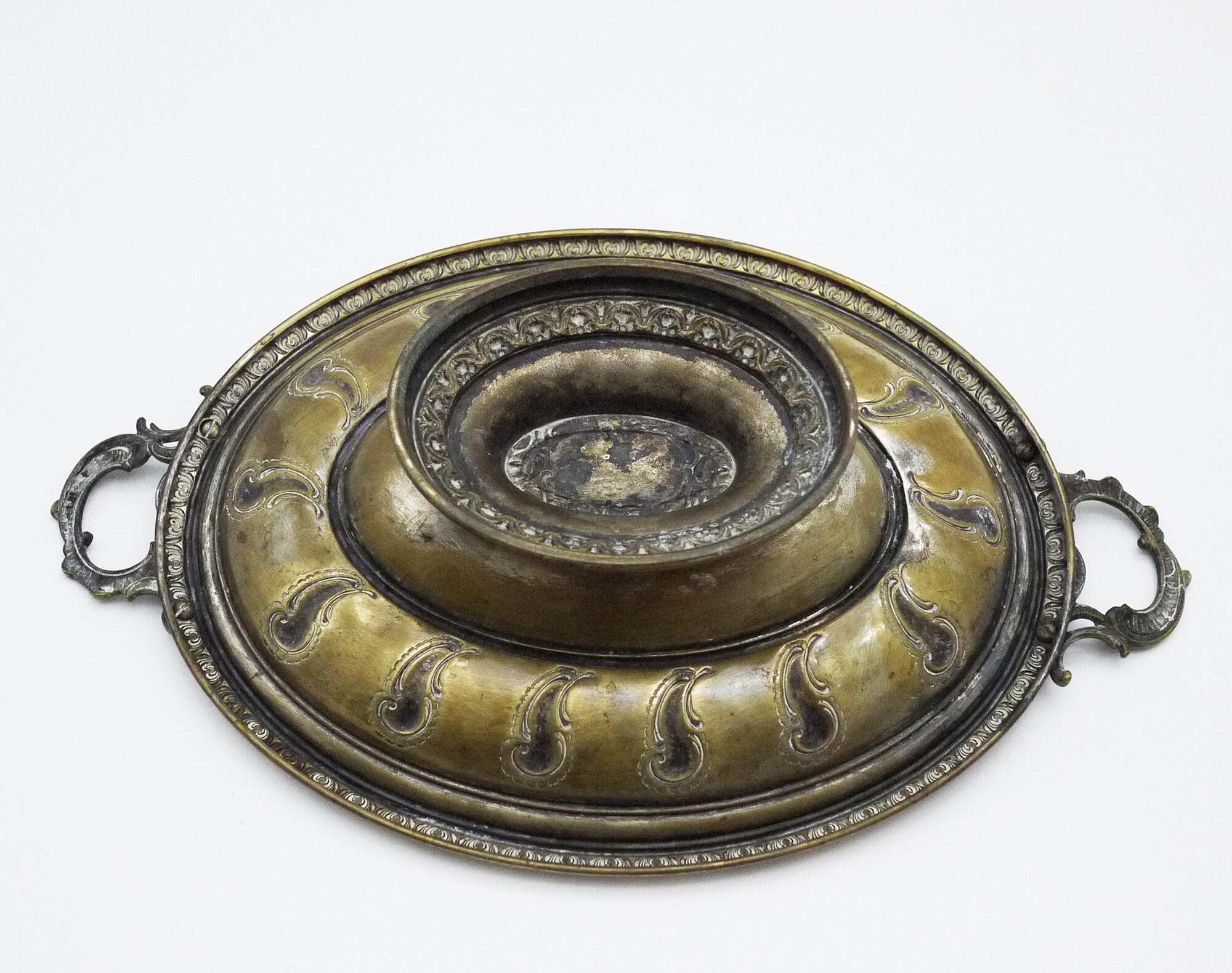 French Brass Fruit Bowl with Ornate Handles, Footed Oval Bowl Centerpiece