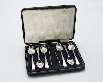 Antique Tea Spoons and Tongs set Davis & Sons Glasgow Silver Plated with Box