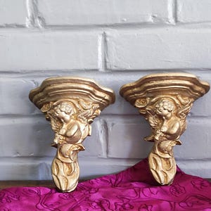 Antique Italian Cherub Wall Sconce Shelf, Gilded Plaster Pair Corbels image 1