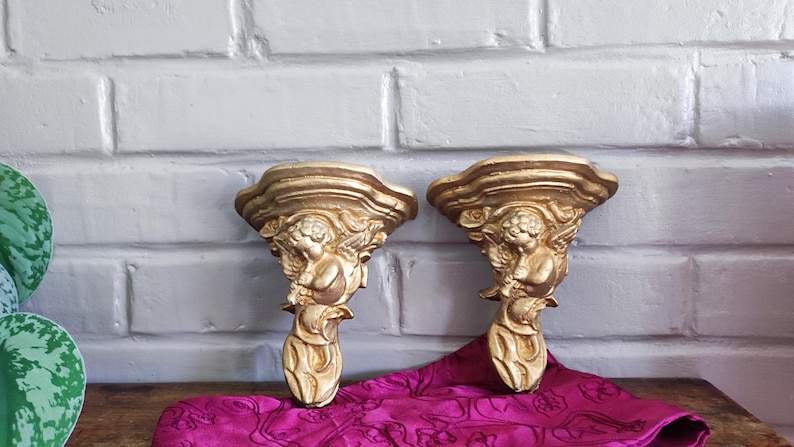 Antique Italian Cherub Wall Sconce Shelf, Gilded Plaster Pair Corbels image 1