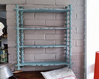 French Antique Folk Art Spindle Wall Shelf Wooden Bobbin Wall Unit Light Blue