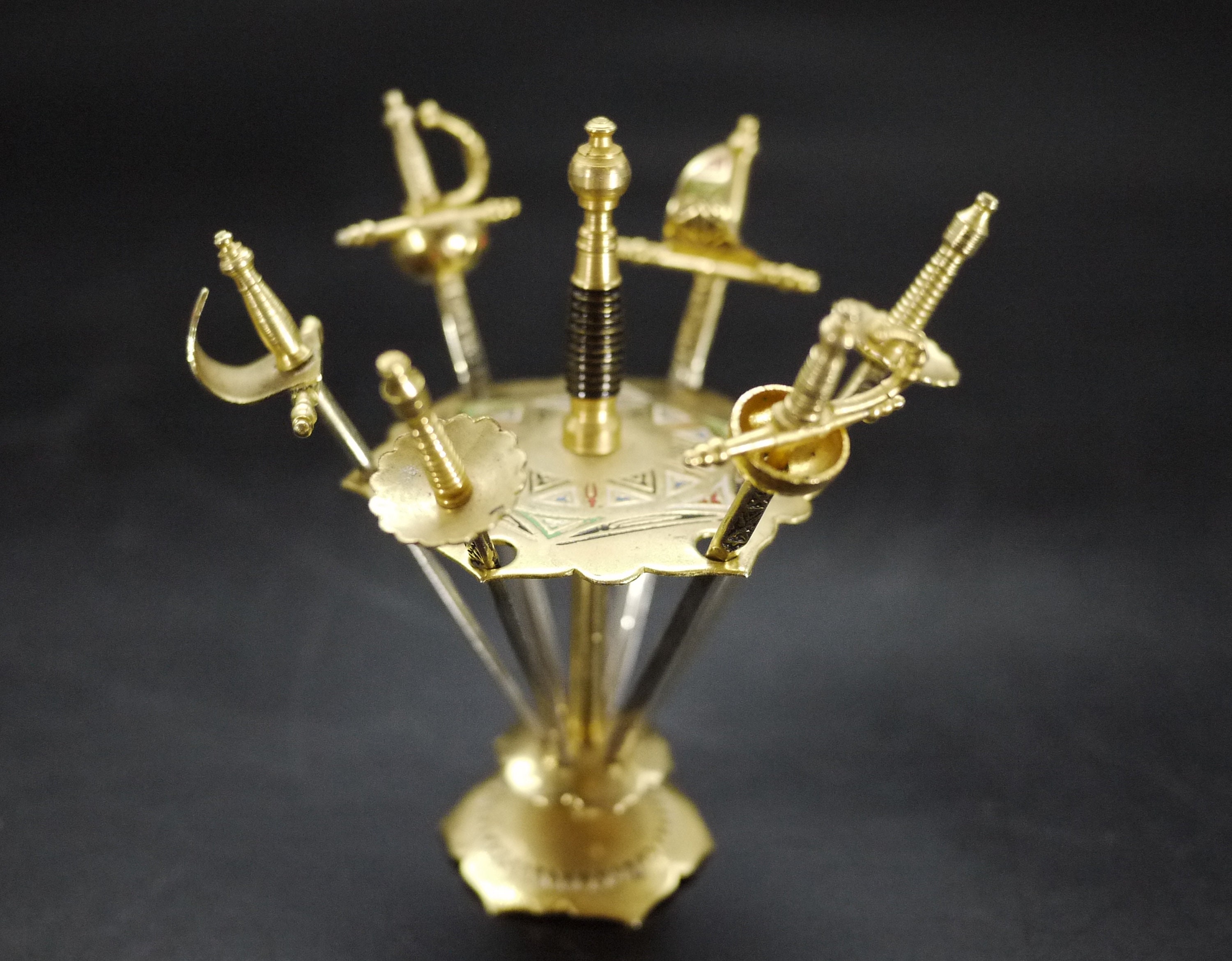 Vintage Brass Sword Cocktail Picks and Stand, Toledo 6 Picks
