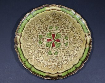 Florentine Tray Italian Hand Painted Green and Gold Tea Tray Vintage Barware