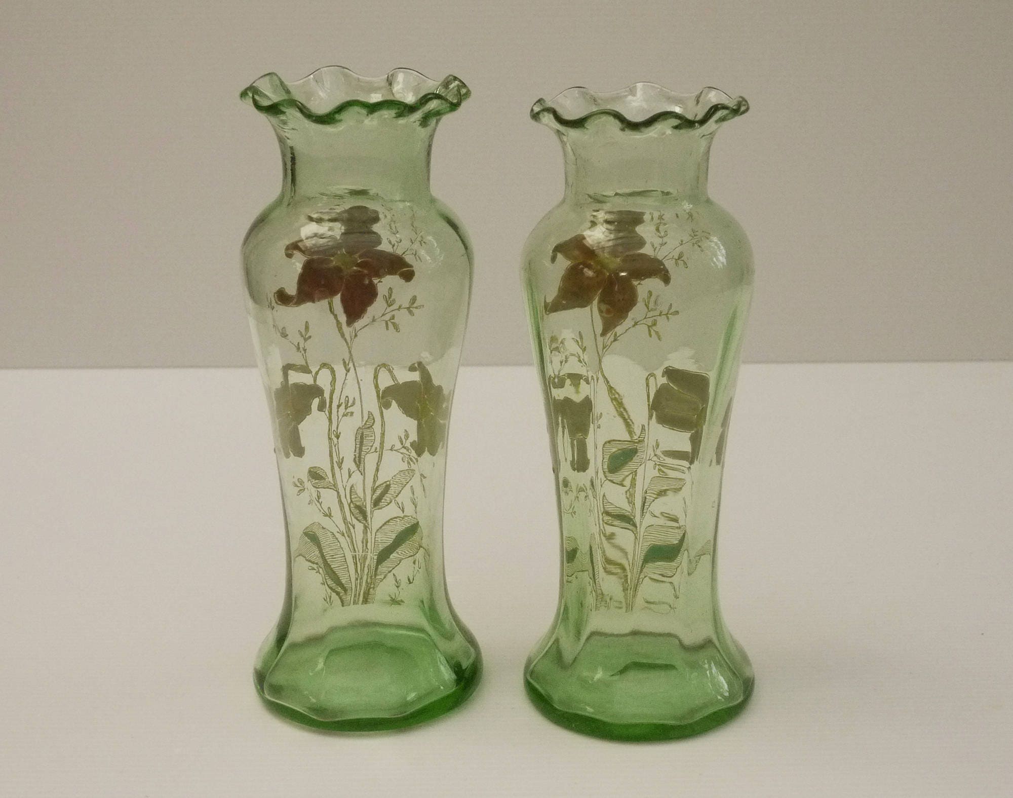 Art Nouveau Green Glass Vases Pair with Enamel Flowers