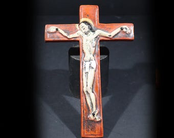 Modern Ceramic Crucifix from 1960s Hanging Catholic Cross by F. Sanchez Perignem