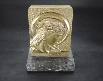 Antique French Bronze Jesus Plaque On Marble