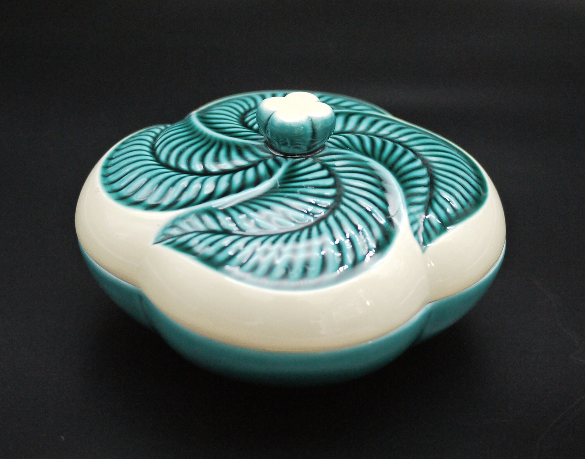 MidCentury Ceramic Lidded Dish with Leaf Pattern by Verceram