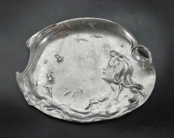 Art Nouveau Style Pewter Dish with Lady in Profile