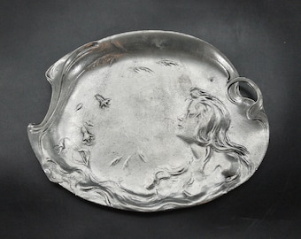 Art Nouveau Style Pewter Dish Vintage Decorative Lady in Profile Platter