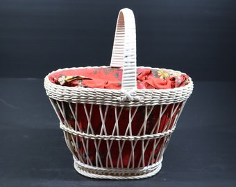 French Vintage White Wicker Purse, Red Floral Fabric Lined Basket