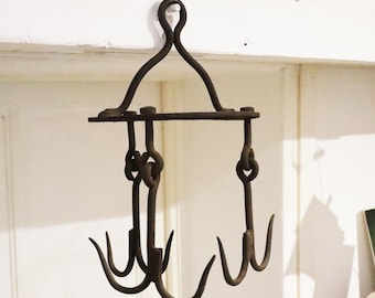 French Antique Hanging Butcher Rack Butchers Meat Hooks Pan Rack Wrought Iron Kitchen Ceiling Hanger