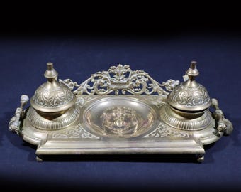 Antique Rococo Brass Inkwell – 1930s French Ink Well Tray