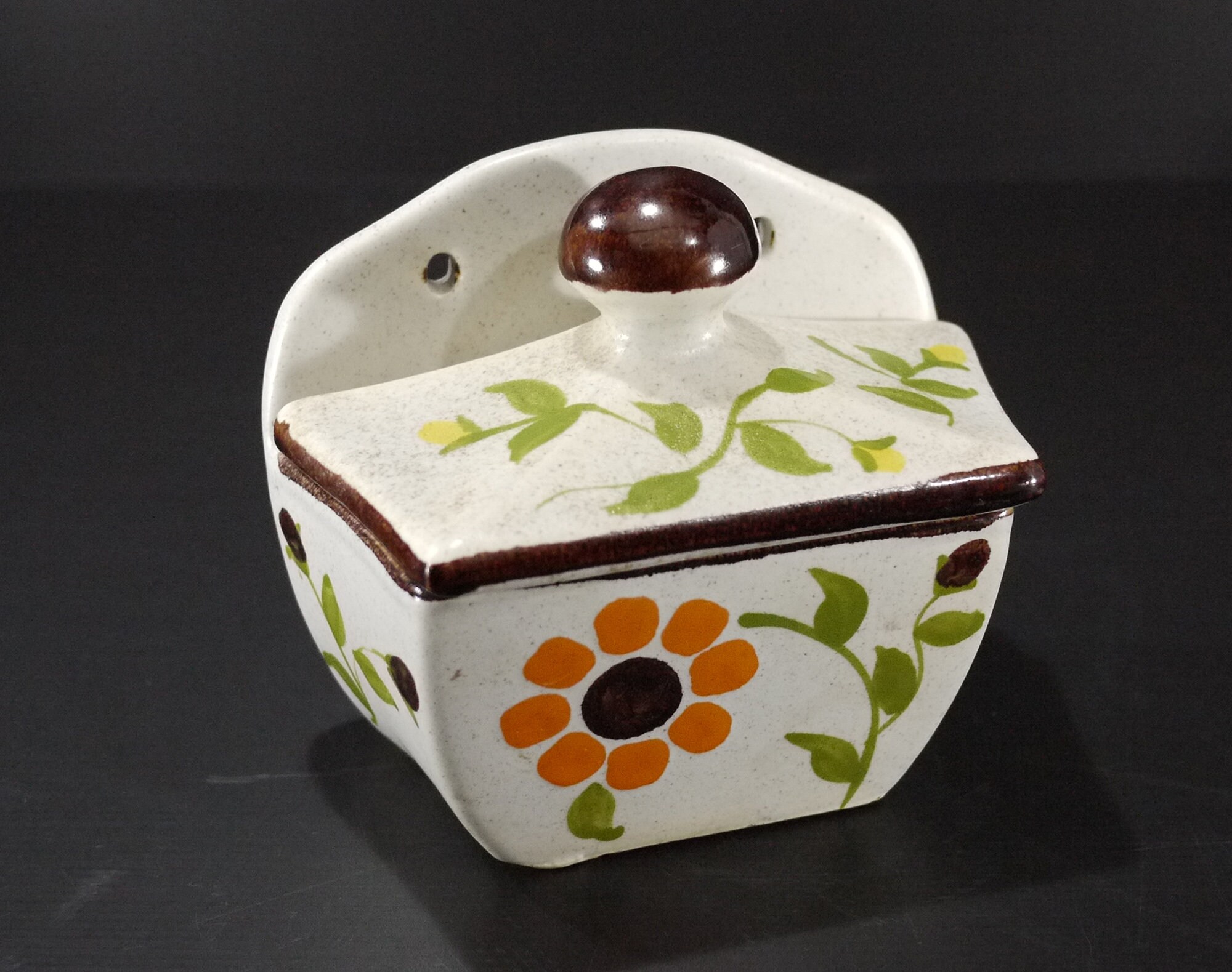 French Ceramic Salt Box, Vintage Hand Painted Daisy Flower Salt Box