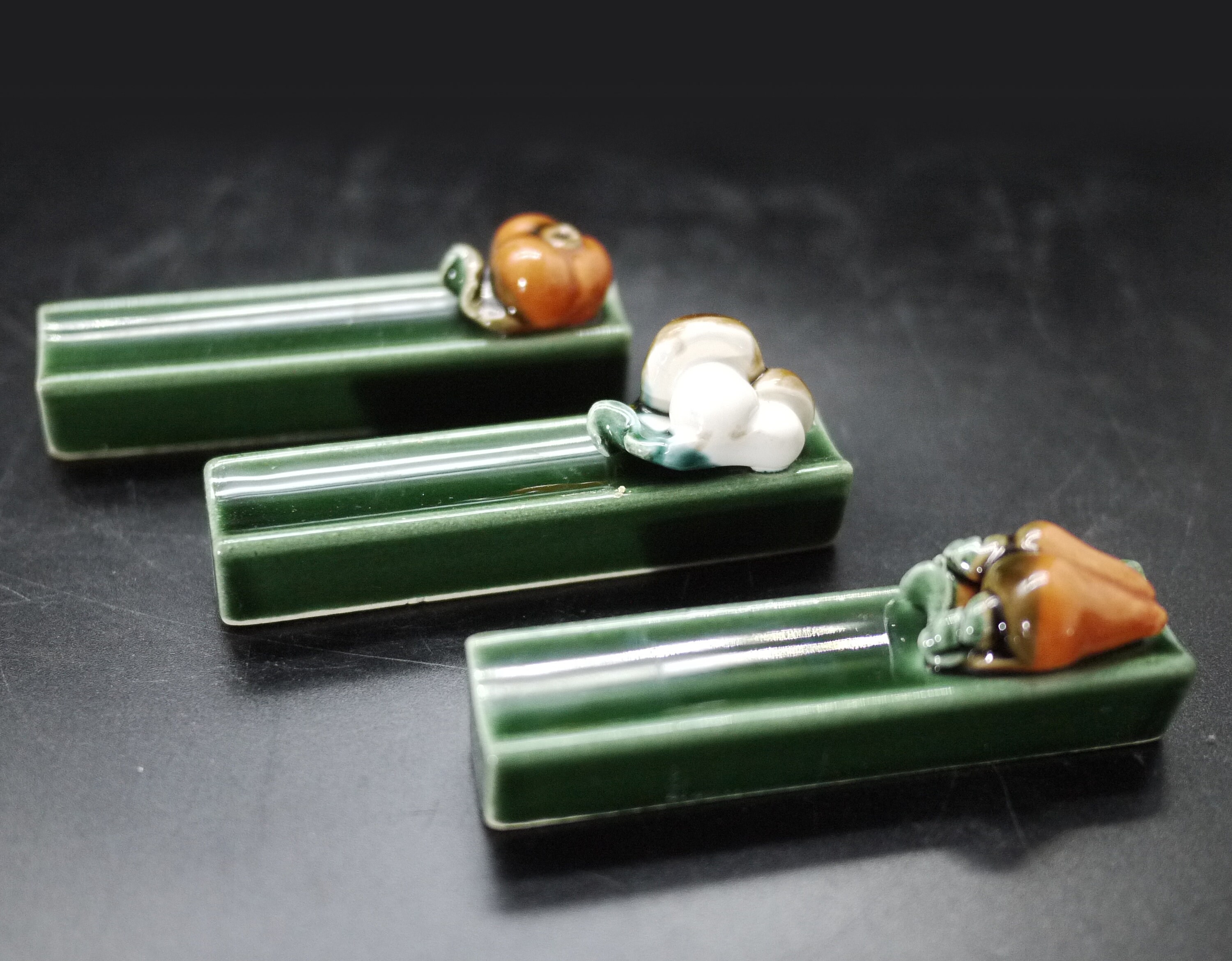 French Majolica Vegetables Knife Rests, Set of 10 Glazed Ceramic