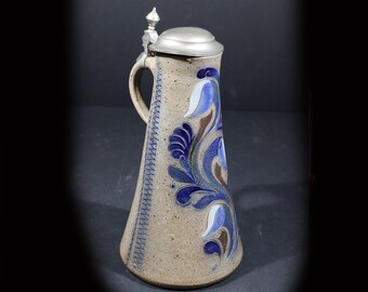 Antique Salt Glazed Pottery Pitcher with Pewter Lid - German Stoneware Carafe, Rustic Bar Decor