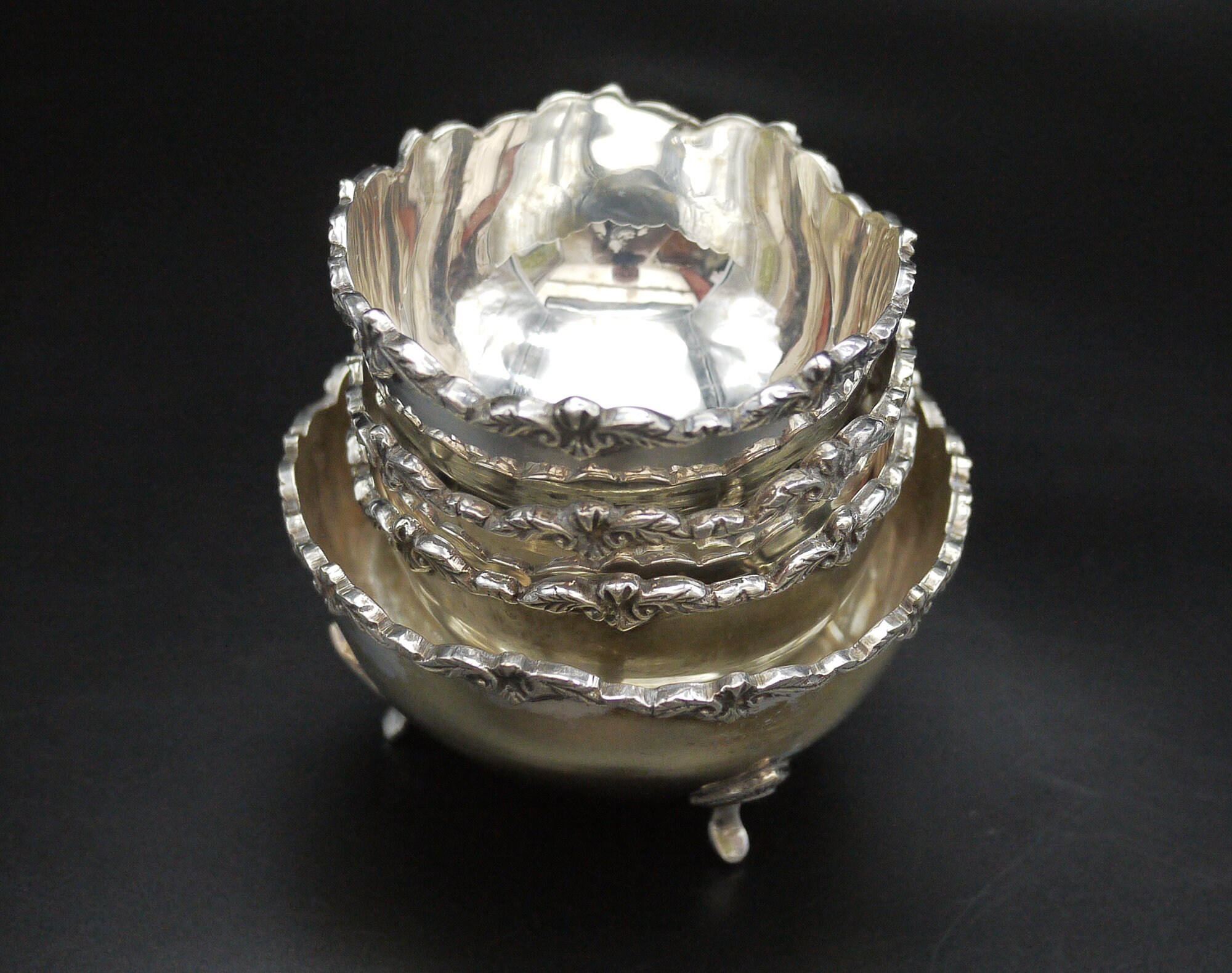French Silver Nut Bowls Set of 4, Antique Ornate Silver Footed Candy Dishes