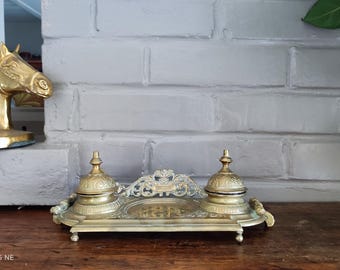 アンティークロココ調真鍮製インク壺スタンド、フランス製デスク