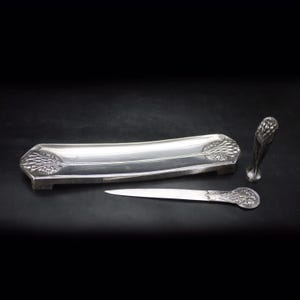 Art Nouveau Silver Plated Desk set with Stamp Letter Opener and Pen Tray, French Antique Office Accessories