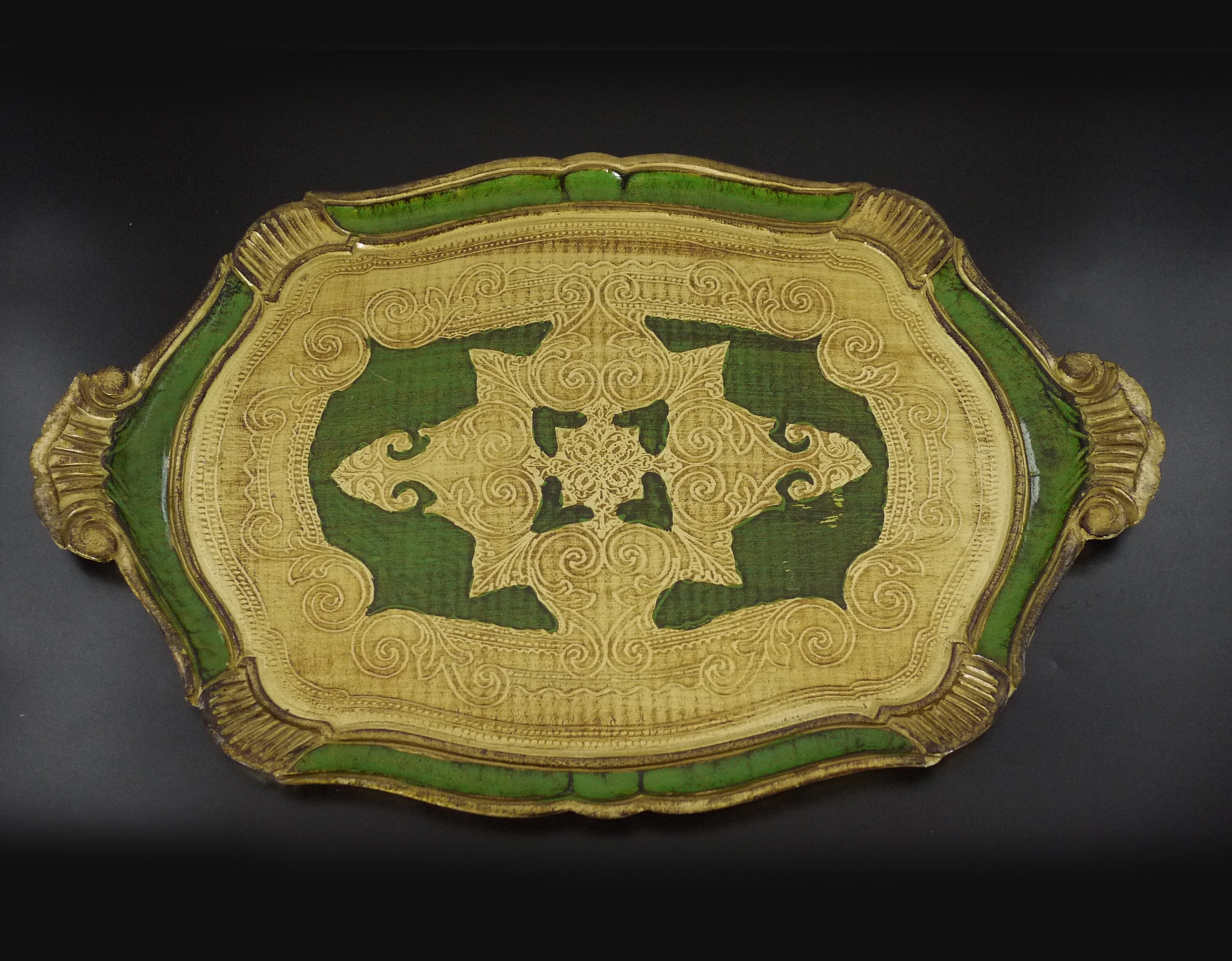 Italian Florentine Wood Large Tray Green Gold Gilt