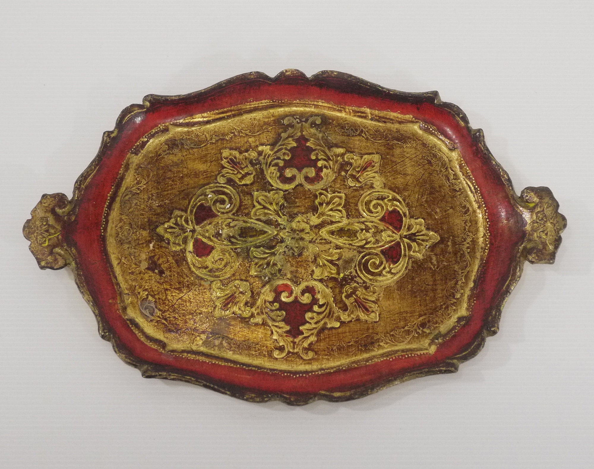 Florentine Wood Handled Tray, Vintage Hand Painted Italian Serving Tray