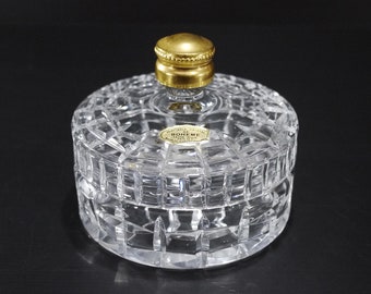 Antique Bohemian Glass Candy Box Art Deco Cut Crystal Jewelry Box with Gold Lid