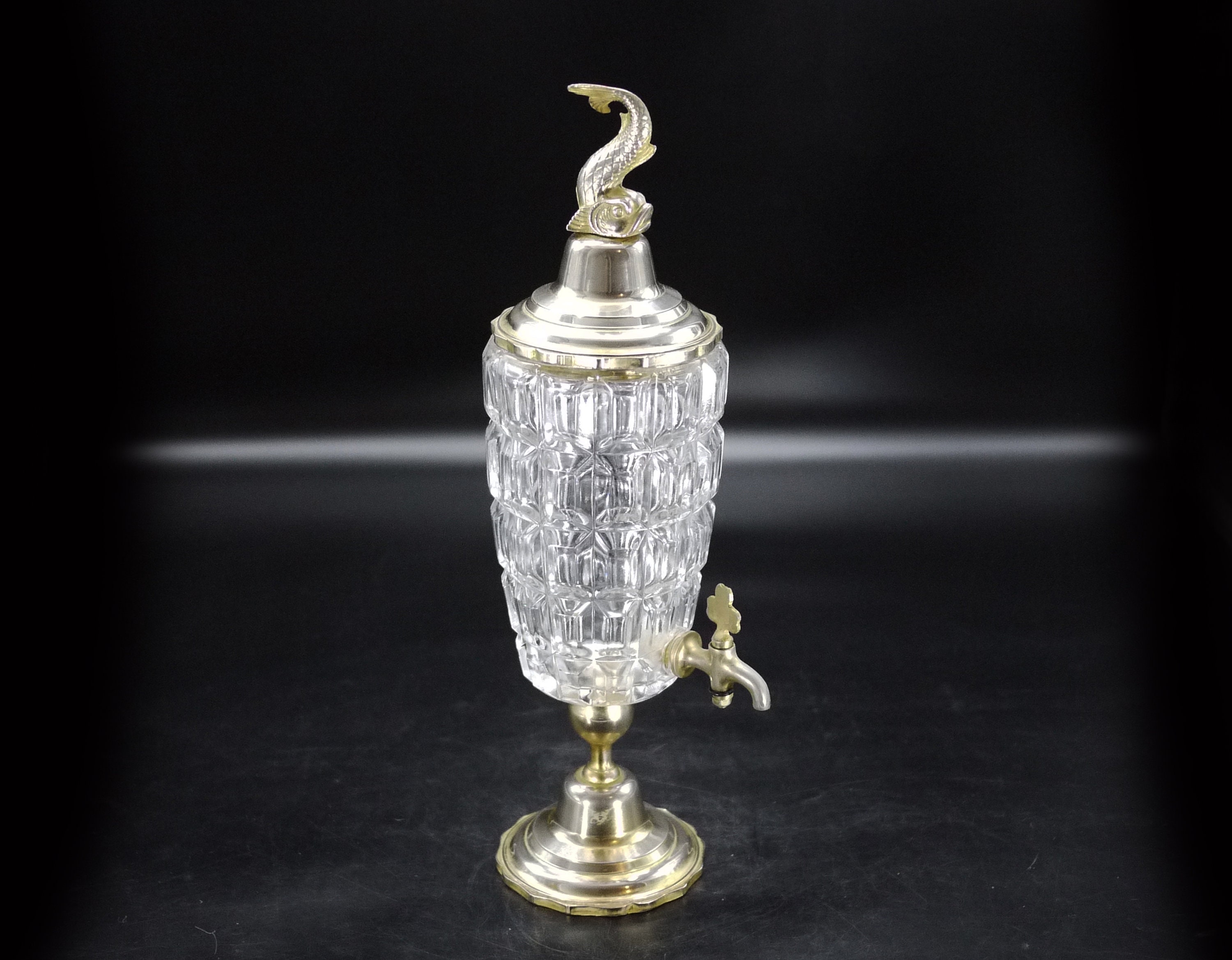 French Cut Glass Absinthe Fountain Brass Dolphin Lid