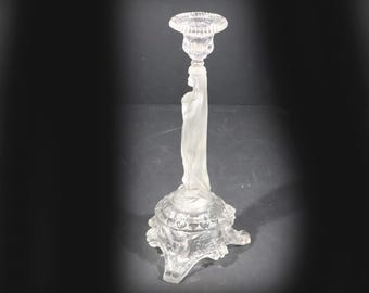 French Virgin Mary Statue Candle Holder Vintage Frosted Satin Glass Our Lady Candlestick
