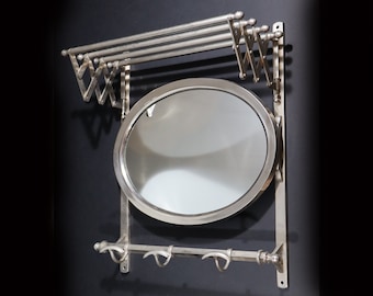 French Wall Coat Rack with Mirror and Shelf in Nickel-Plated, 1930s