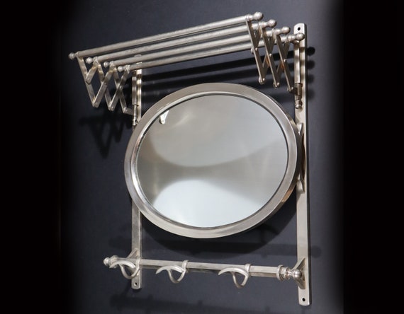 French Wall Coat Rack with Mirror and Shelf in Nickel-Plated, 1930s