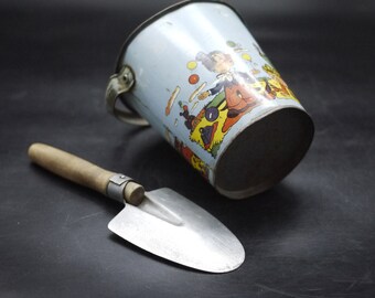 Vintage French Tin Litho Beach Sand Bucket & Shovel