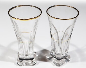 French Antique Pastis Glasses with Gold Rim Set of 2 Art Deco Thick Glass Tumblers Bistro Barware
