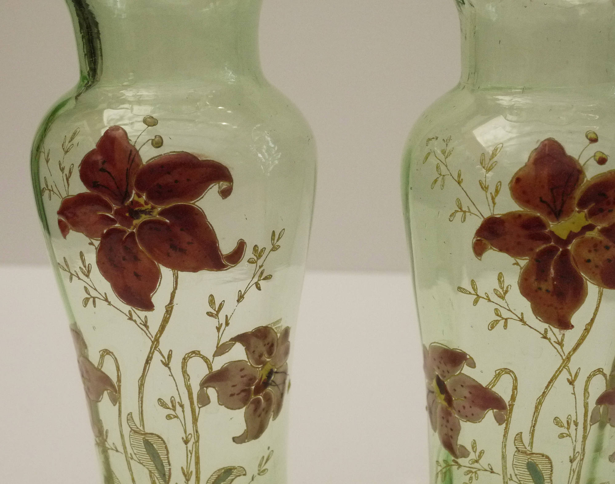 Art Nouveau Green Glass Vases Pair with Enamel Flowers
