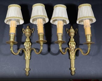 Antique French Gilt Bronze Sconces Wall Mounted Pair Louis XV Style Wall Lights with Lampshades