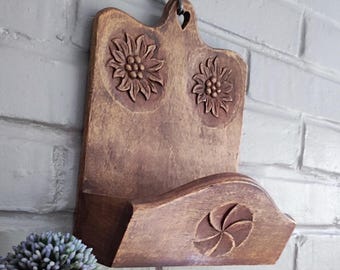 French Folk Art Letter Holder Wall Hanging Hand Carved Wood Kitchen Storage