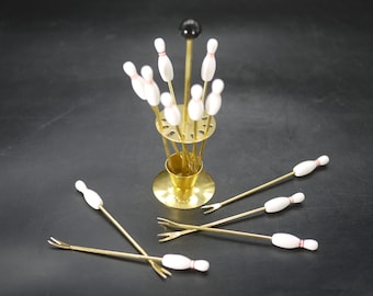 Vintage Gold Bowling Pin Cocktail Picks Mid Century Funny Olive Party Picks