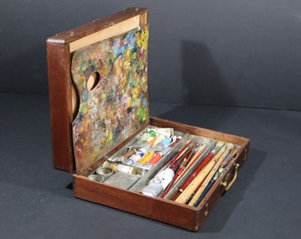 Antique Artist Box Wood Painting Case with Palette and Accessories