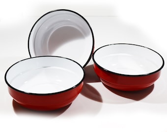 Set of 3 Vintage Enamel Mixing Bowls French Red Large Serving Bowls by JAPY