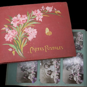 Album antico francese con 210 cartoline d'amore scritte a mano in stile Art Nouveau - anni 1900-1920