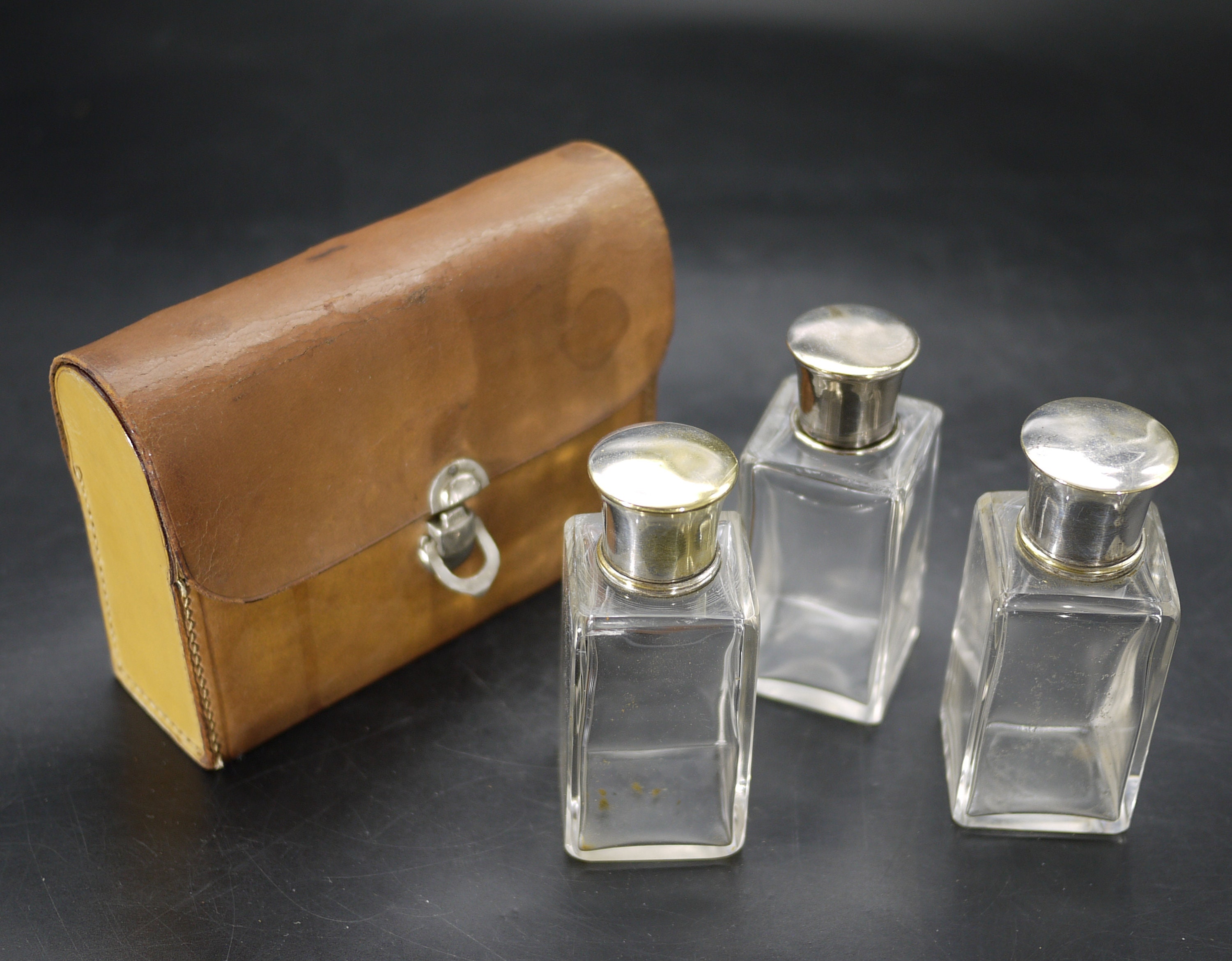 Antique Leather Travel Case Cologne Scent Bottles Leather 