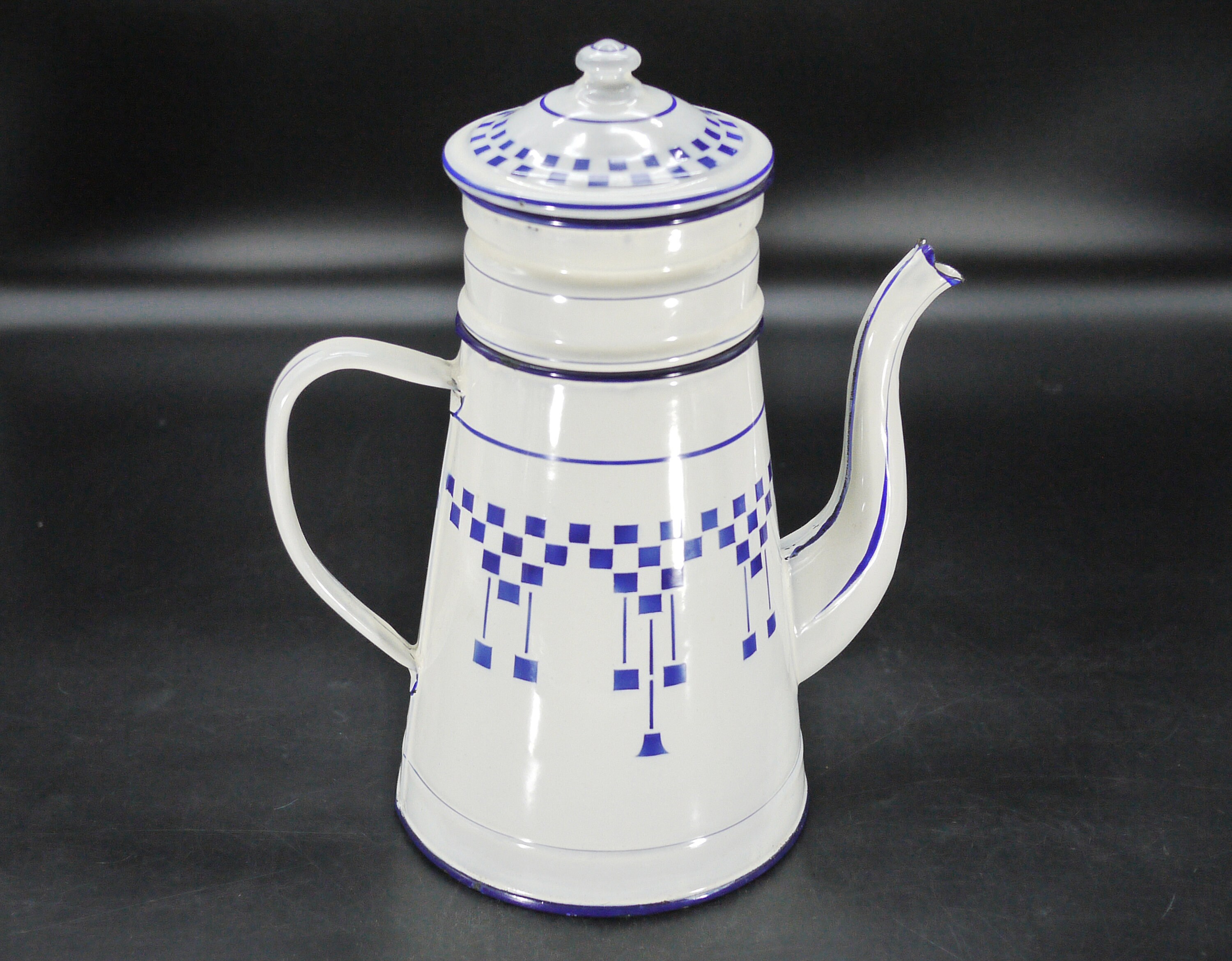 French Antique Enamelware Drip Coffee Pot Lustucru Pattern
