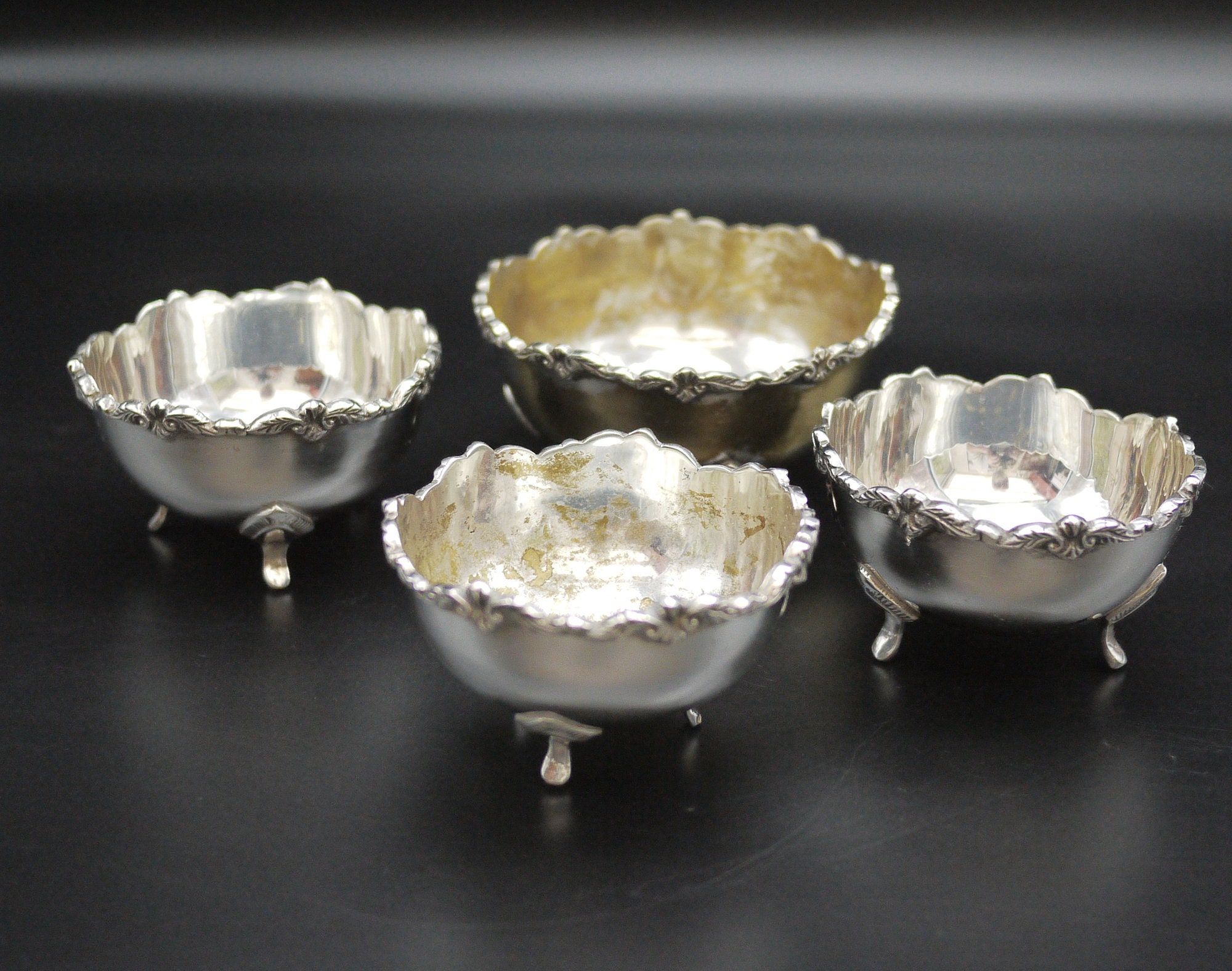 French Silver Nut Bowls Set of 4, Antique Ornate Silver Footed Candy Dishes