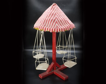 French Folk Art Wooden Toy Vintage Wind Up Carousel Toy
