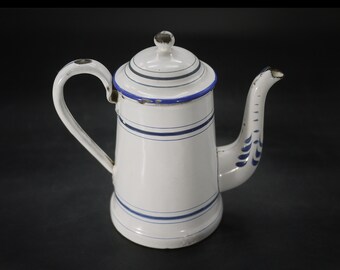Antique French Coffee Pot Enamelware Cafetiere White and Blue Decor