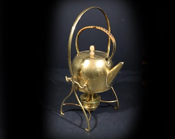 Art Nouveau Copper Tea Kettle French Antique Brass & Copper Tilting Teapot Stand with Burner