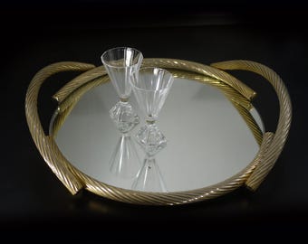 Vintage Hollywood Regency Tray Gilded Rope Serving Tray French Brass Mirror Tray