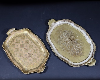 Set of 2 Florentine Trays, Vintage Italian Hand Painted Wood Drinks Tray