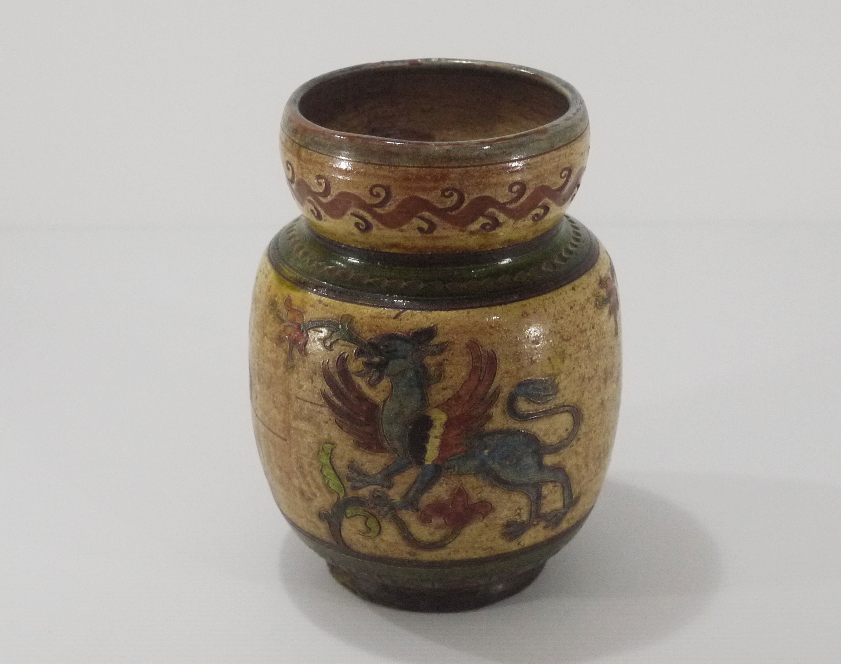 Antique Montopoli Arno Vase Terracotta Sgraffito Incised Griffin Decor Vase