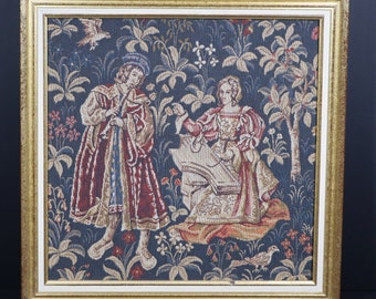 French Jacquard Framed Tapestry Vintage Gold Frame Wall Hanging Medieval Tapestry
