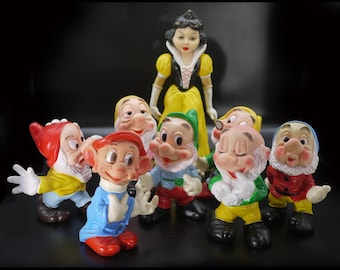Vintage Walt Disney Rubber Toys: Snow White & 7 Dwarfs by Ledra - Perfect for Kids Room Decor!